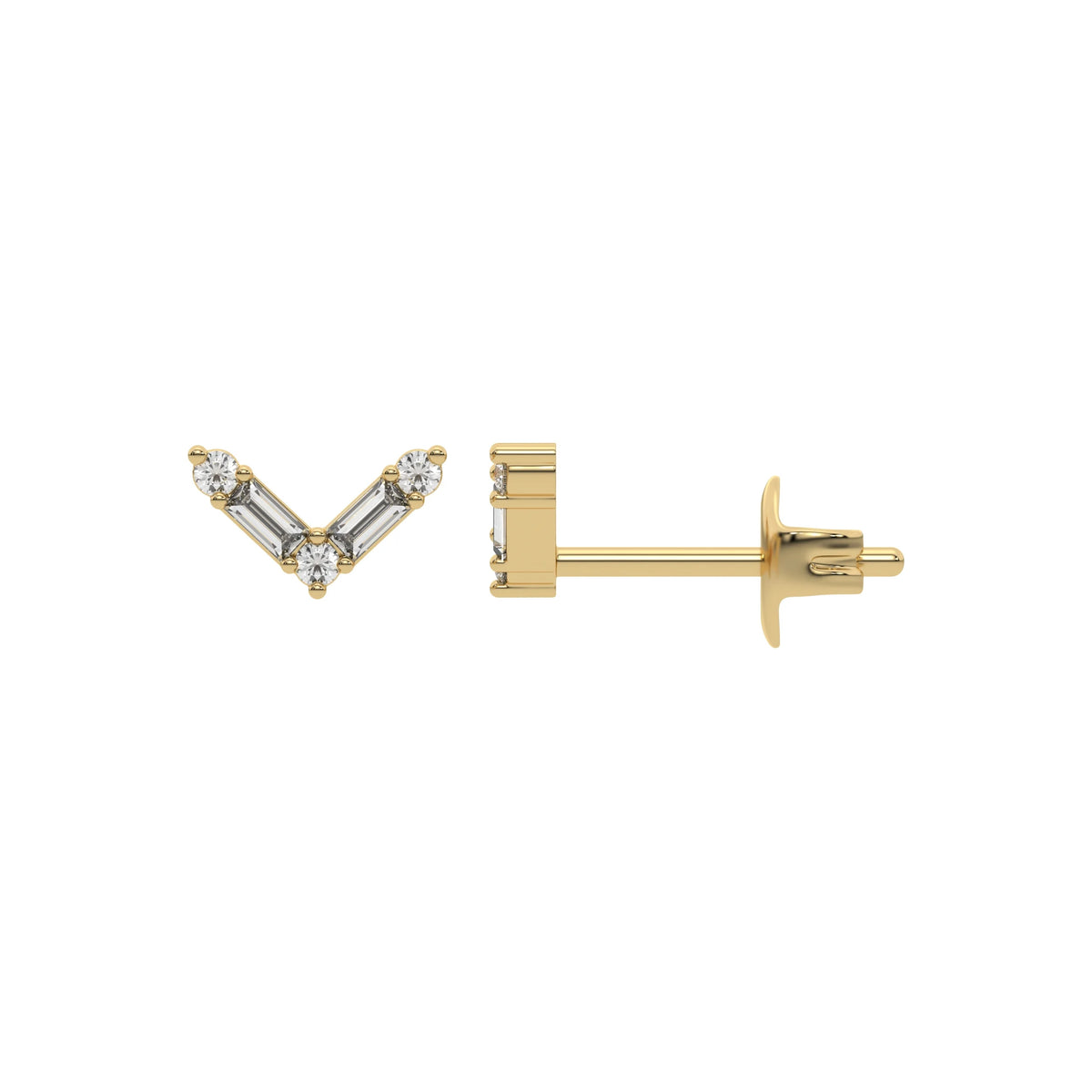 This yellow gold Chevron Diamond Earrings made using baguette and round diamonds creating a v shaped design, securely set in shared prong setting in top view and side view