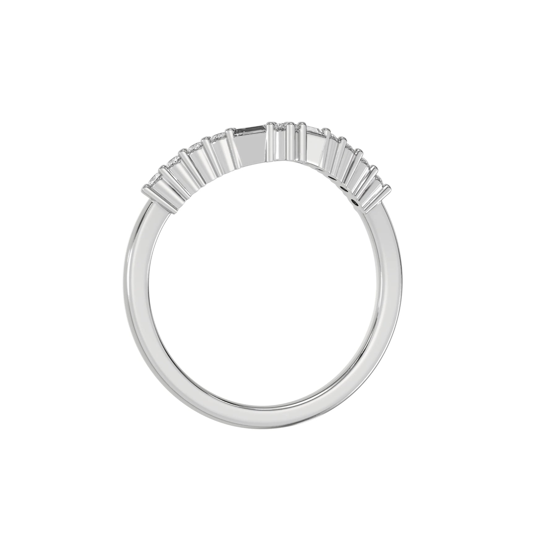 This white gold Chevron Diamond Ring handmade with round brilliant-cut diamonds and baguette diamonds all set in a shared prong setting in through finger view