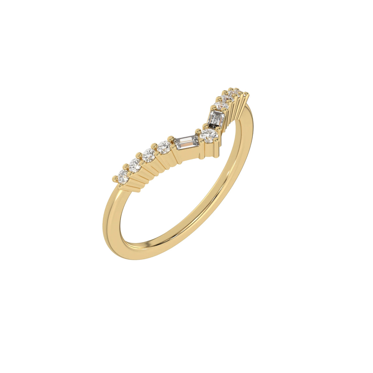 This yellow gold Chevron Diamond Ring handmade with round brilliant-cut diamonds and baguette diamonds all set in a shared prong setting in 3D view