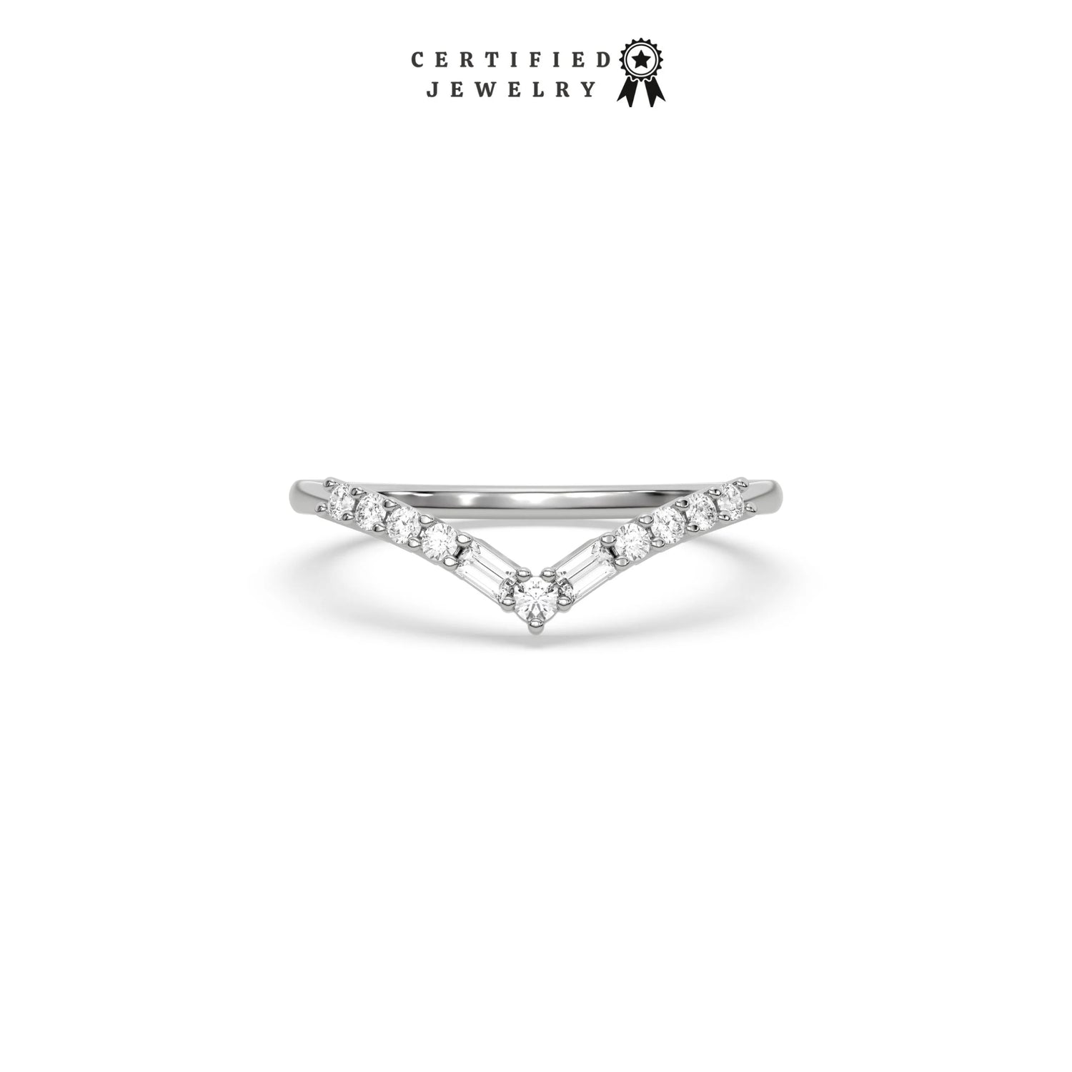 This white gold ring displayed on front view is made with round brilliant-cut diamonds and baguette set in a prong setting