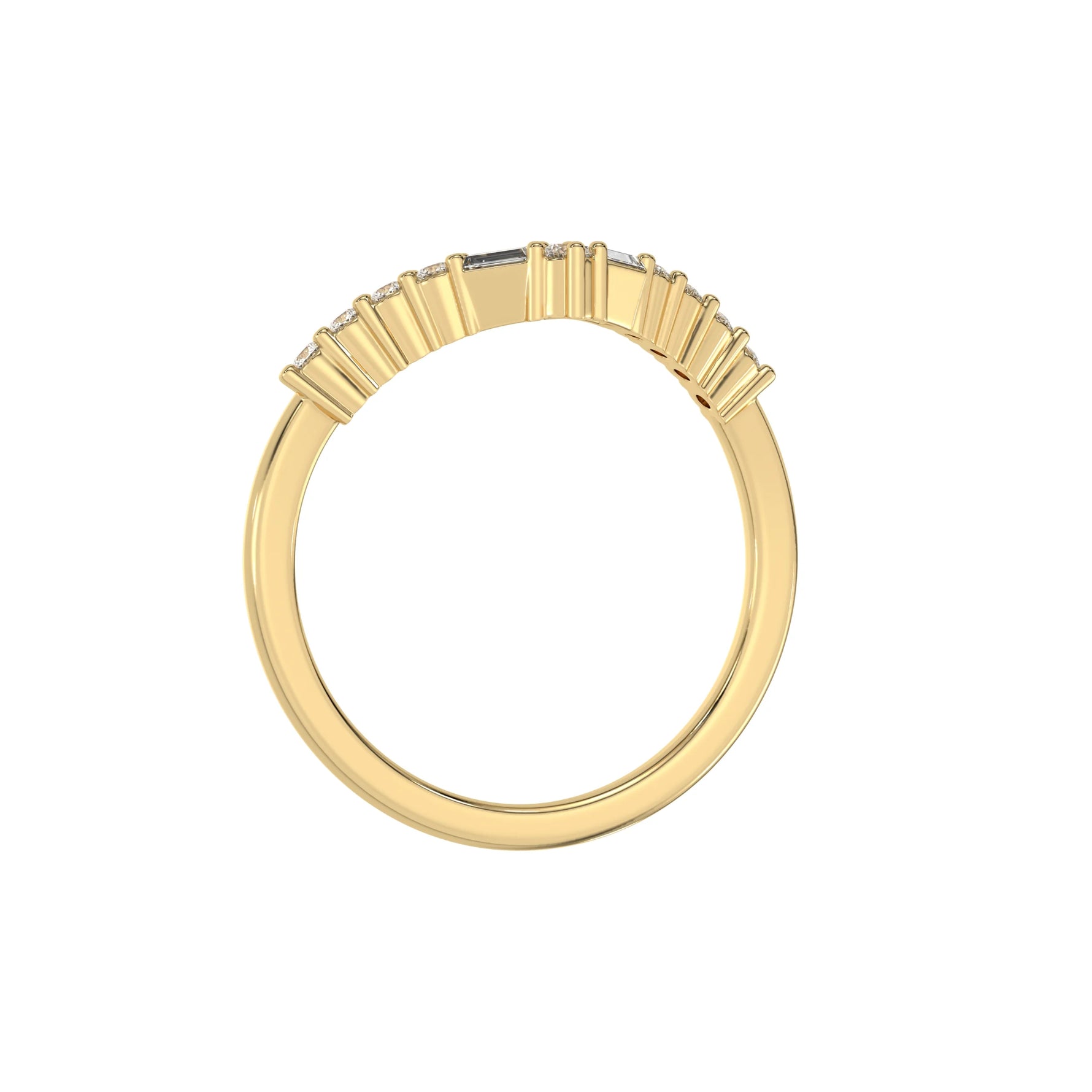 This yellow gold Chevron Diamond Ring handmade with round brilliant-cut diamonds and baguette diamonds all set in a shared prong setting in through finger view