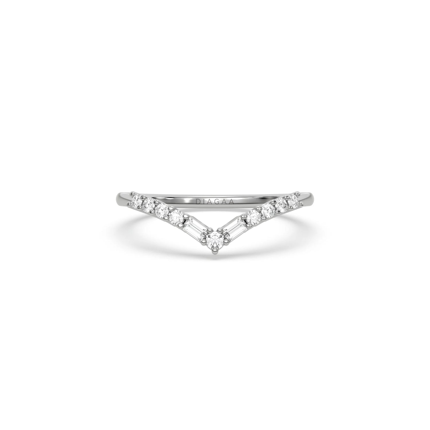 white gold chevron wedding band with mixed baguette and round diamonds. Delicate V-shaped curved stacking ring for women. 