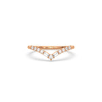 This rose gold ring displayed on front view is made with round brilliant-cut diamonds and baguette set in a prong setting