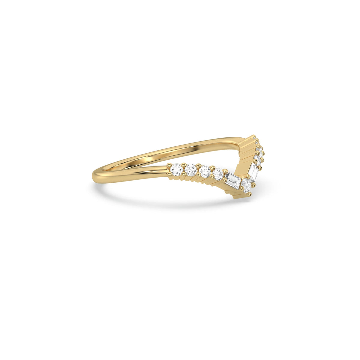 This yellow gold ring displayed on side view is made with round brilliant-cut diamonds and baguette set in a prong setting