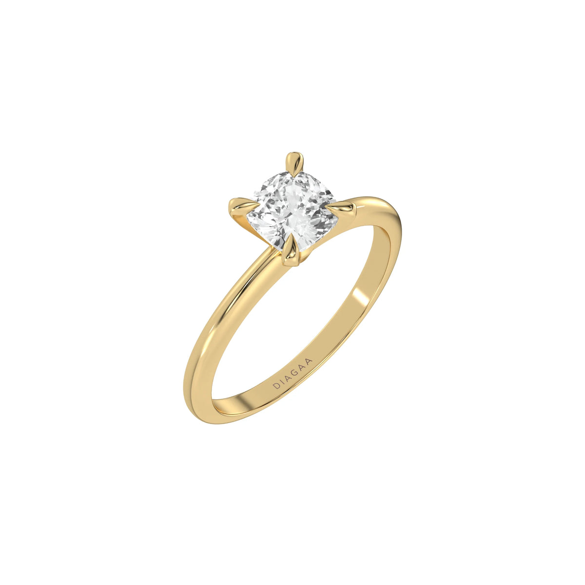 This yellow gold ring features a cushion solitaire diamond elegantly secured in a four-prong setting on a solid gold band in 3D view