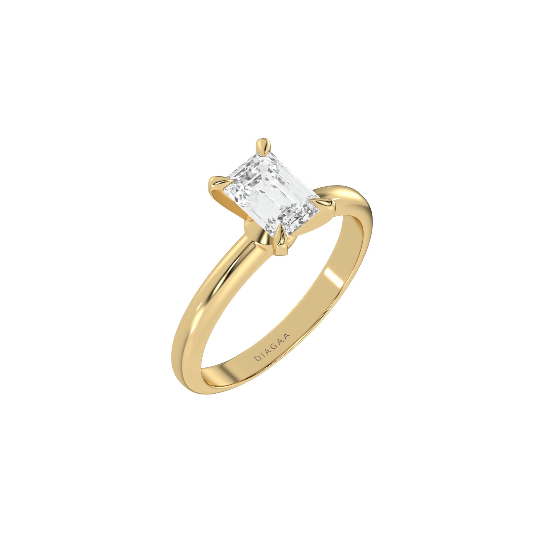 This yellow gold ring features an emerald solitaire diamond elegantly secured in a four-prong setting on a solid gold band in 3D view