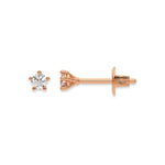 This rose gold Classic Round Solitaire Diamond Earrings made with round brilliant-cut diamond and set in a five prong setting in top view and side view