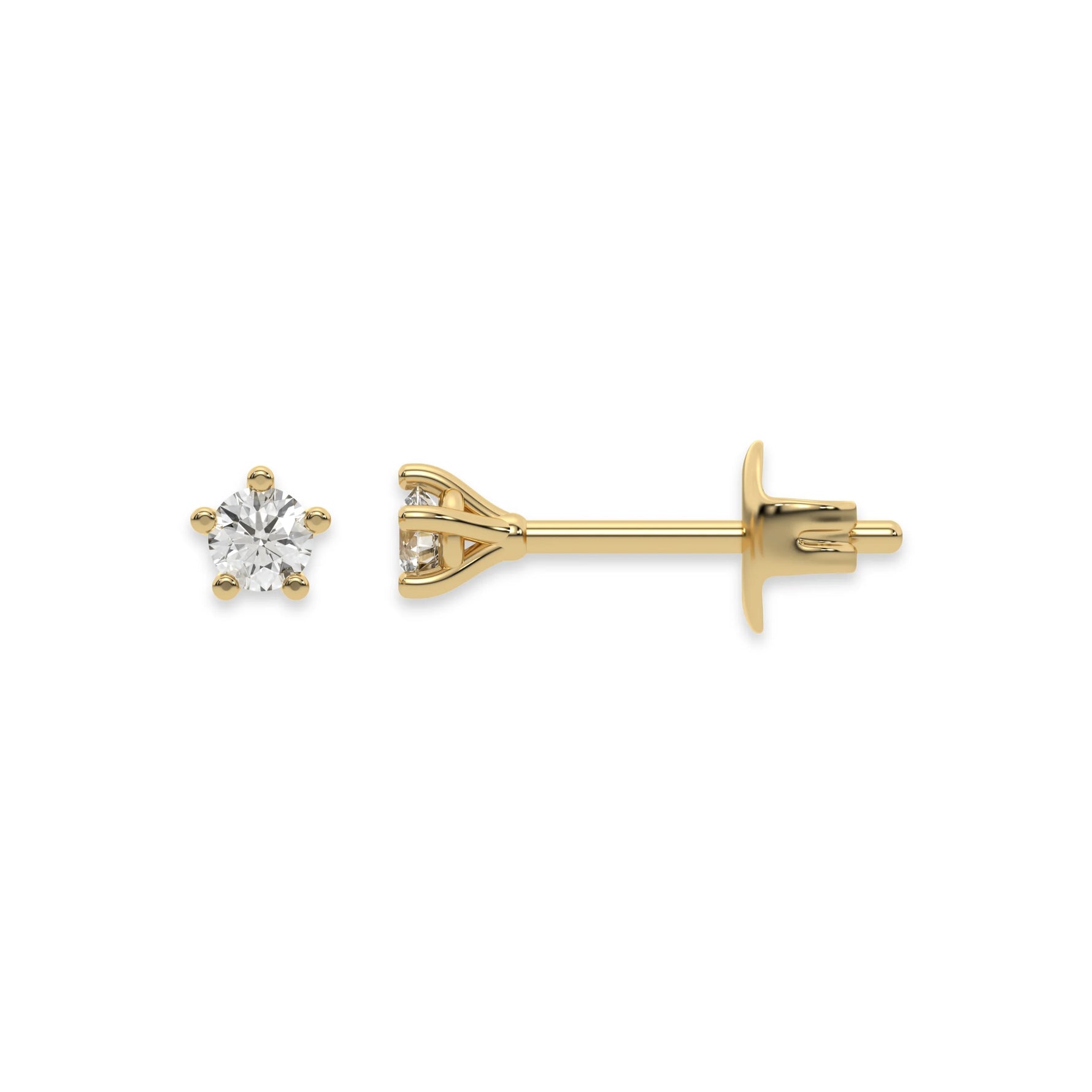 This yellow gold Classic Round Solitaire Diamond Earrings made with round brilliant-cut diamond and set in a five prong setting in top view and side view