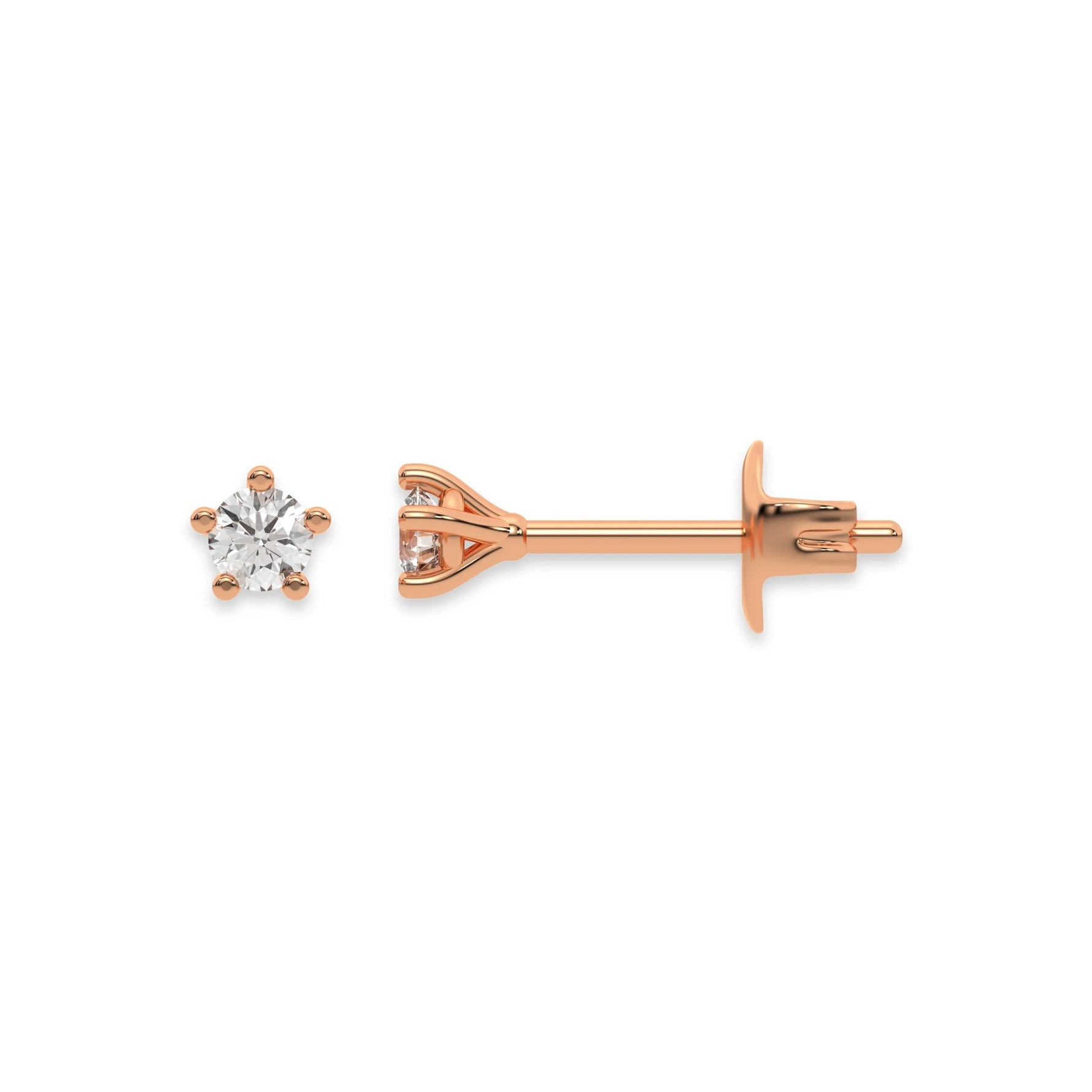 This rose gold Classic Round Solitaire Diamond Earrings made with round brilliant-cut diamond and set in a five prong setting in top view and side view