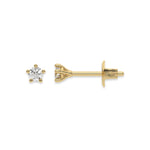 This yellow gold Classic Round Solitaire Diamond Earrings made with round brilliant-cut diamond and set in a five prong setting in top view and side view