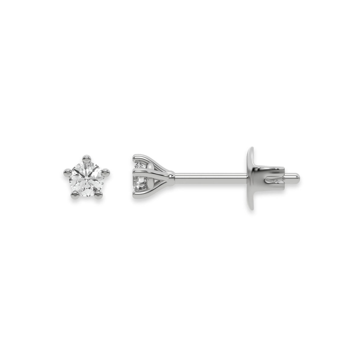 This white gold Classic Round Solitaire Diamond Earrings made with round brilliant-cut diamond and set in a five prong setting in top view and side view