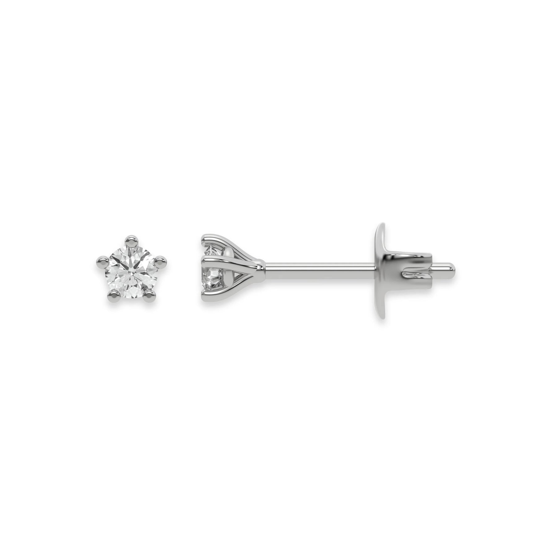 This white gold Classic Round Solitaire Diamond Earrings made with round brilliant-cut diamond and set in a five prong setting in top view and side view