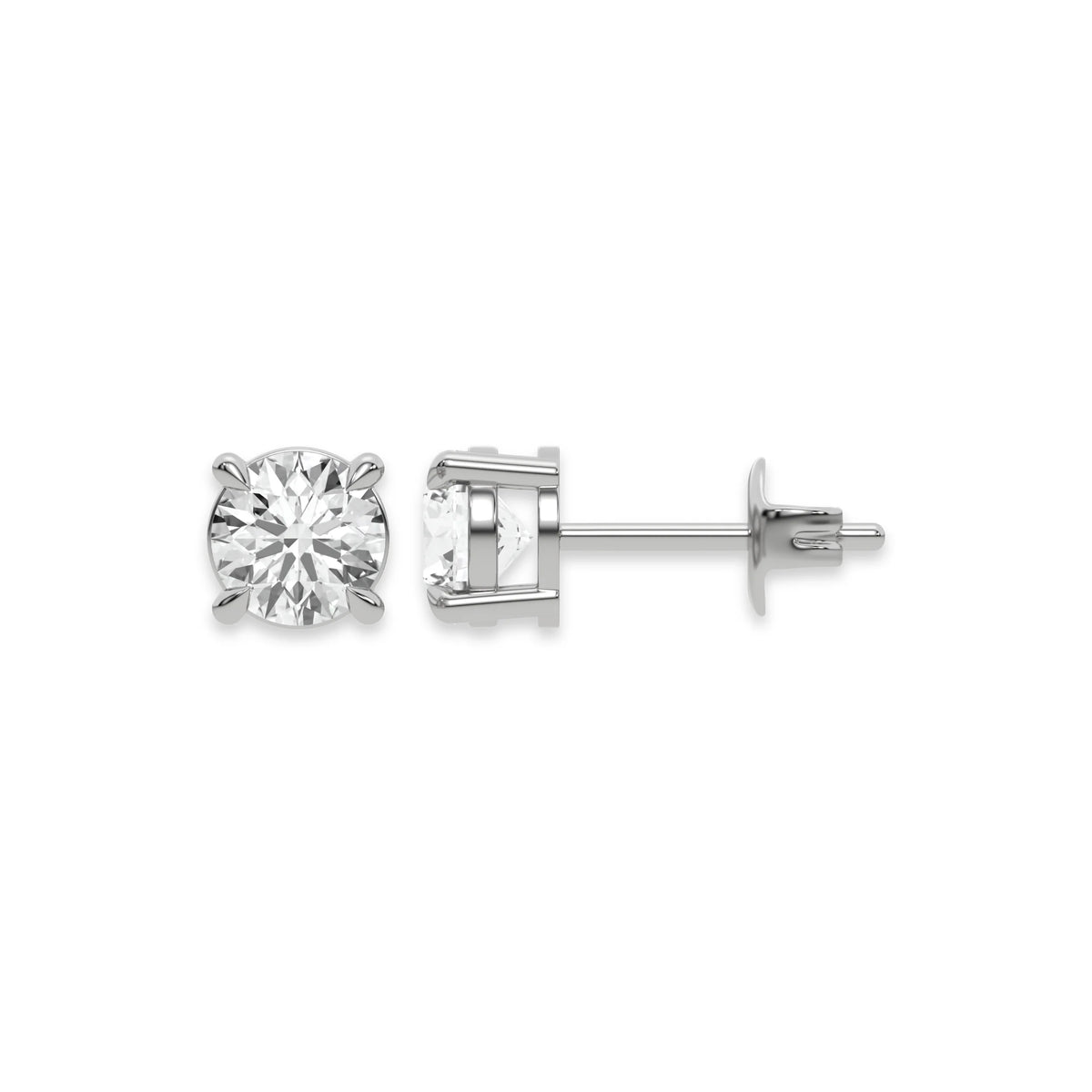 Close up of a pair of earrings featuring a Round diamond stud earring in prong-set and white gold on a white background.