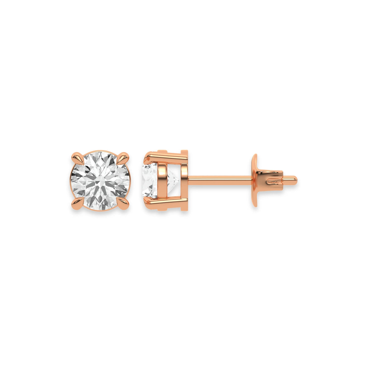 Close up of a pair of earrings featuring a Round diamond stud earring in prong-set and Rose gold on a white background.