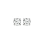 Close up of a pair of earrings featuring a Round diamond stud earring in prong-set and white gold on a white background.