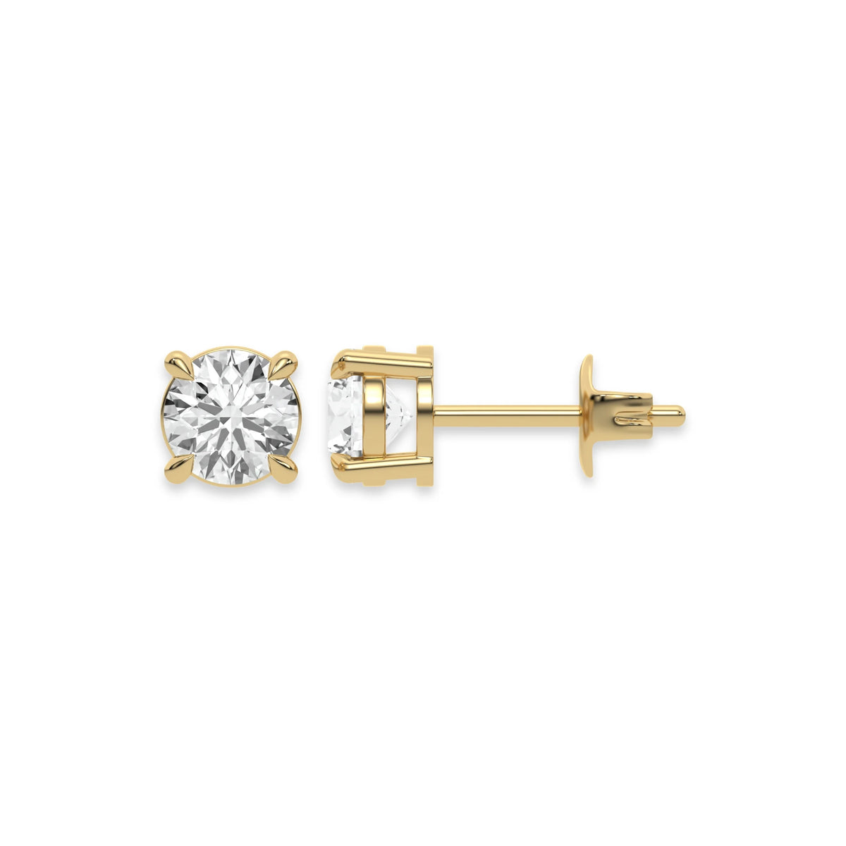 Close up of a pair of earrings featuring a Round diamond stud earring in prong-set and yellow gold on a white background.