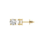 This yellow gold Classic Round Diamond Studs made with round brilliant-cut diamonds set in a four prong setting in top view and side view