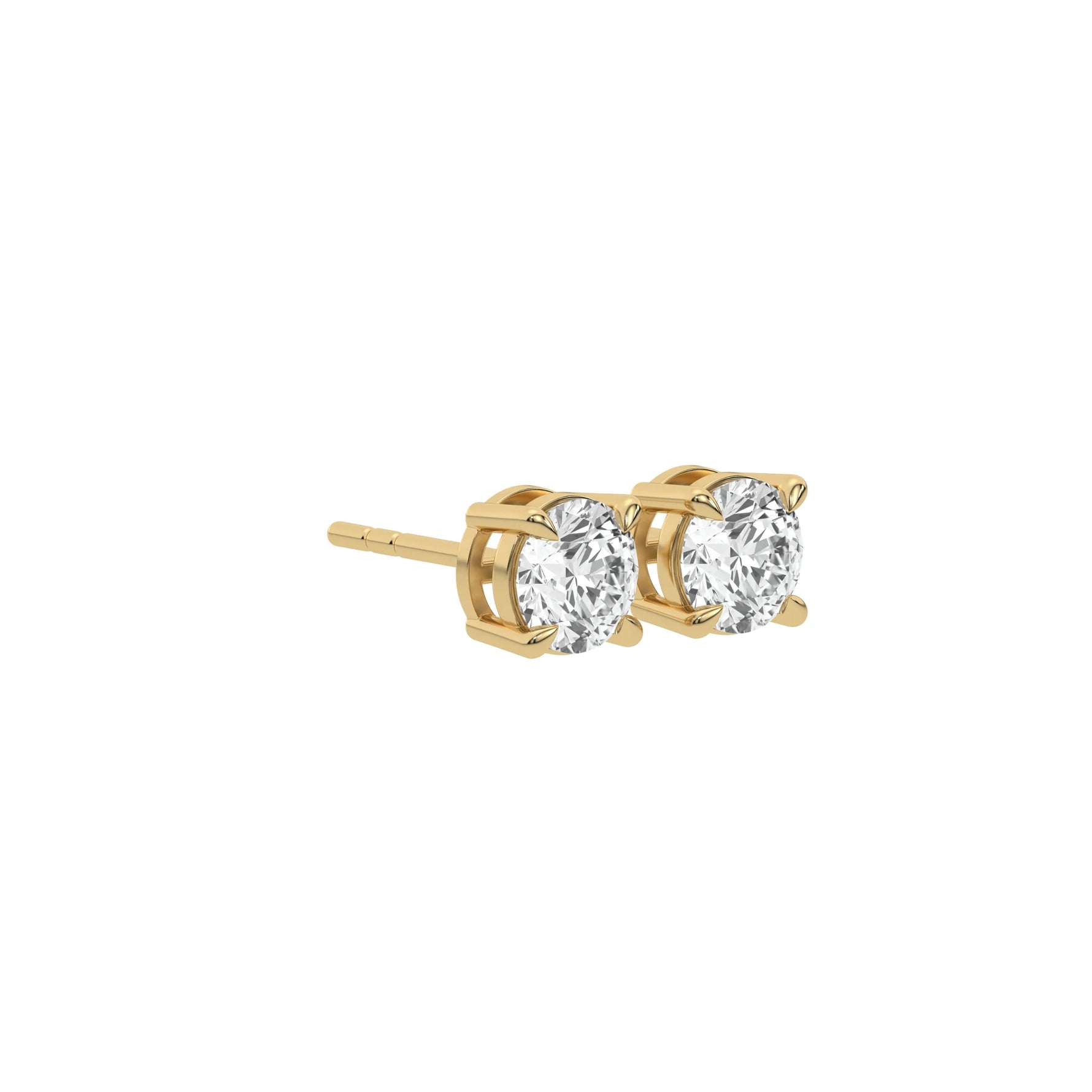 This yellow gold Classic Round Diamond Studs made with round brilliant-cut diamonds set in a four prong setting in side view