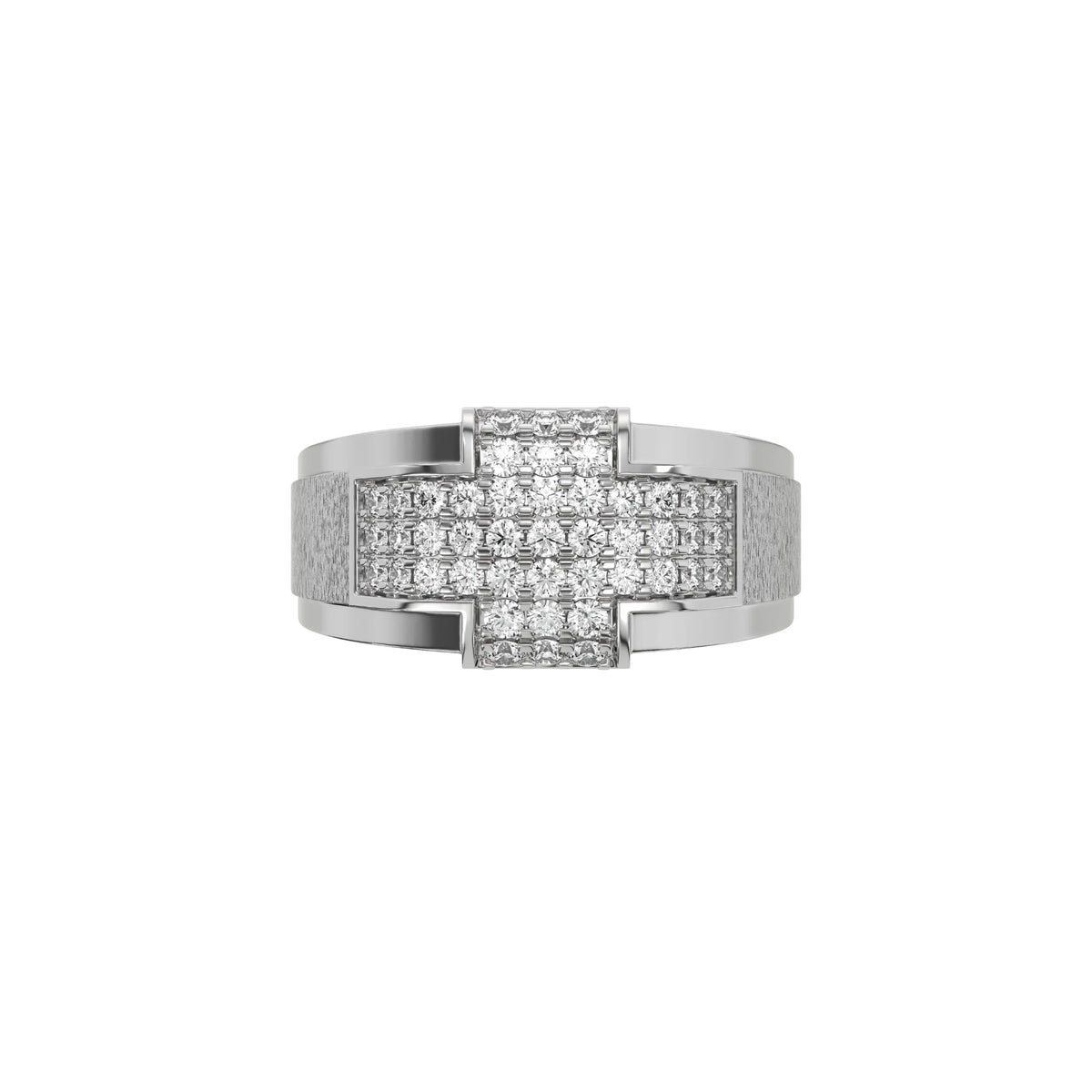 This white gold Men cross diamond ring made with round brilliant- cut diamonds set in shared prong setting creating a beautiful cross in top view