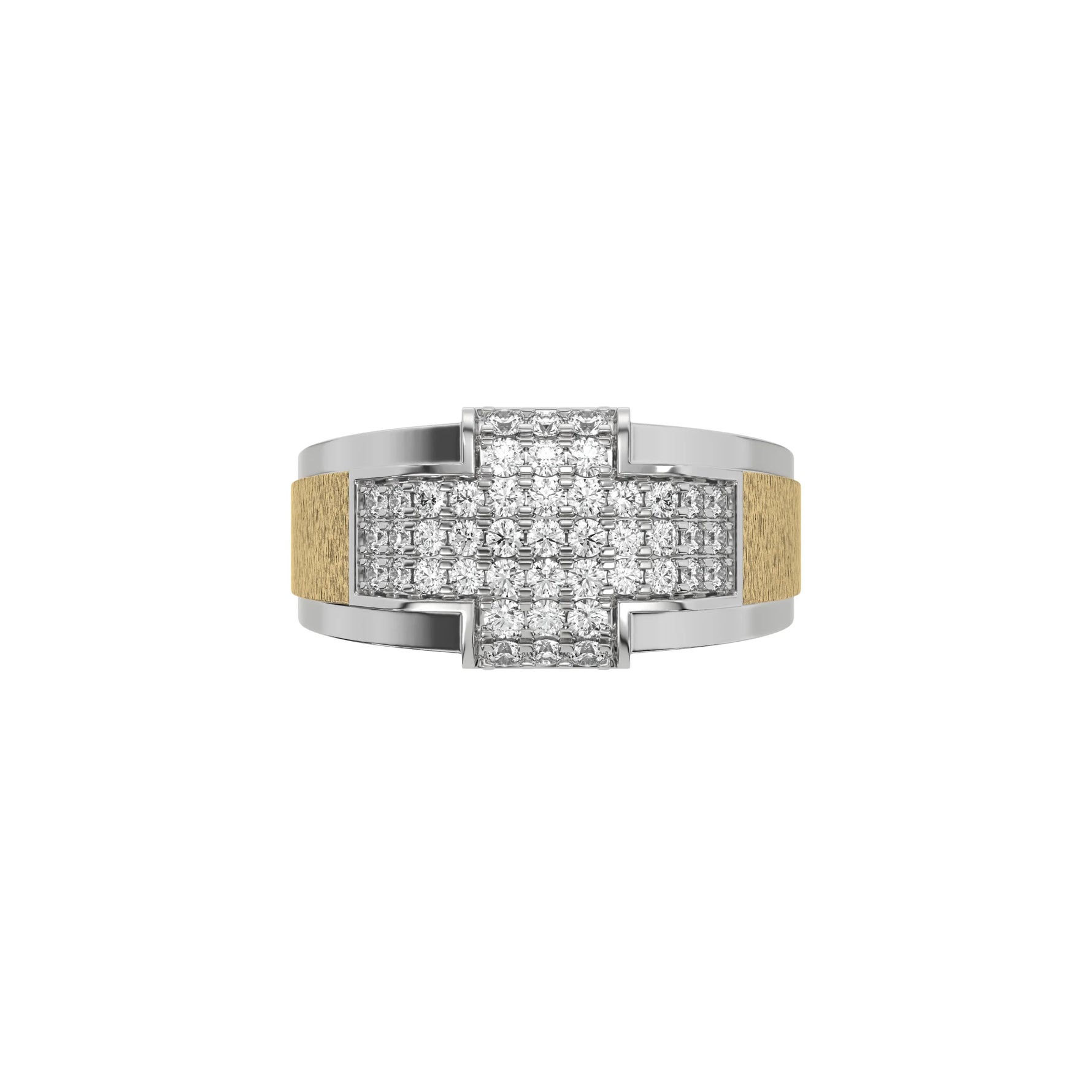 This white and yellow gold Men cross diamond ring made with round brilliant- cut diamonds set in shared prong setting creating a beautiful cross in top view