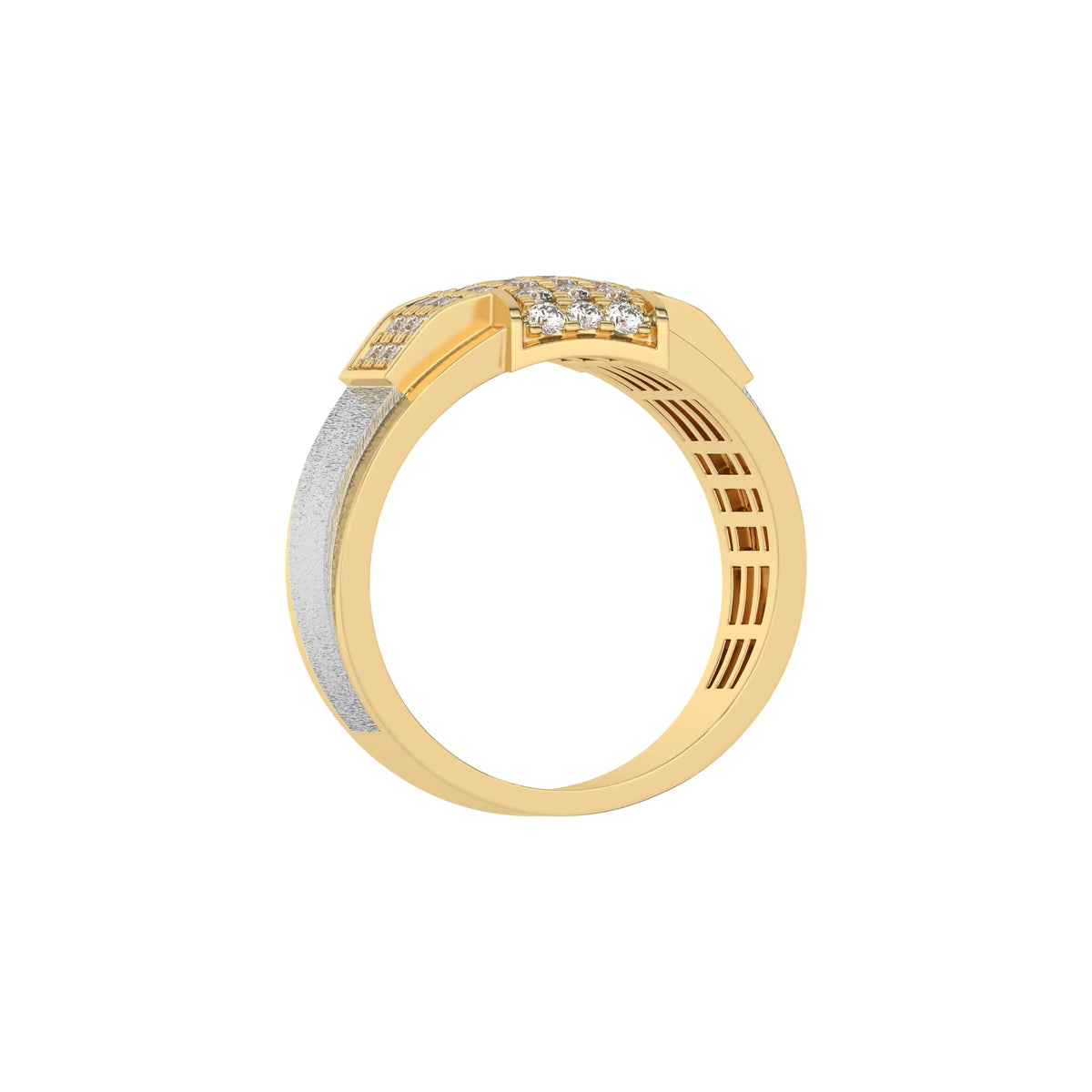 This yellow gold Men cross diamond ring made with round brilliant- cut diamonds set in shared prong setting creating a beautiful cross in through finger view