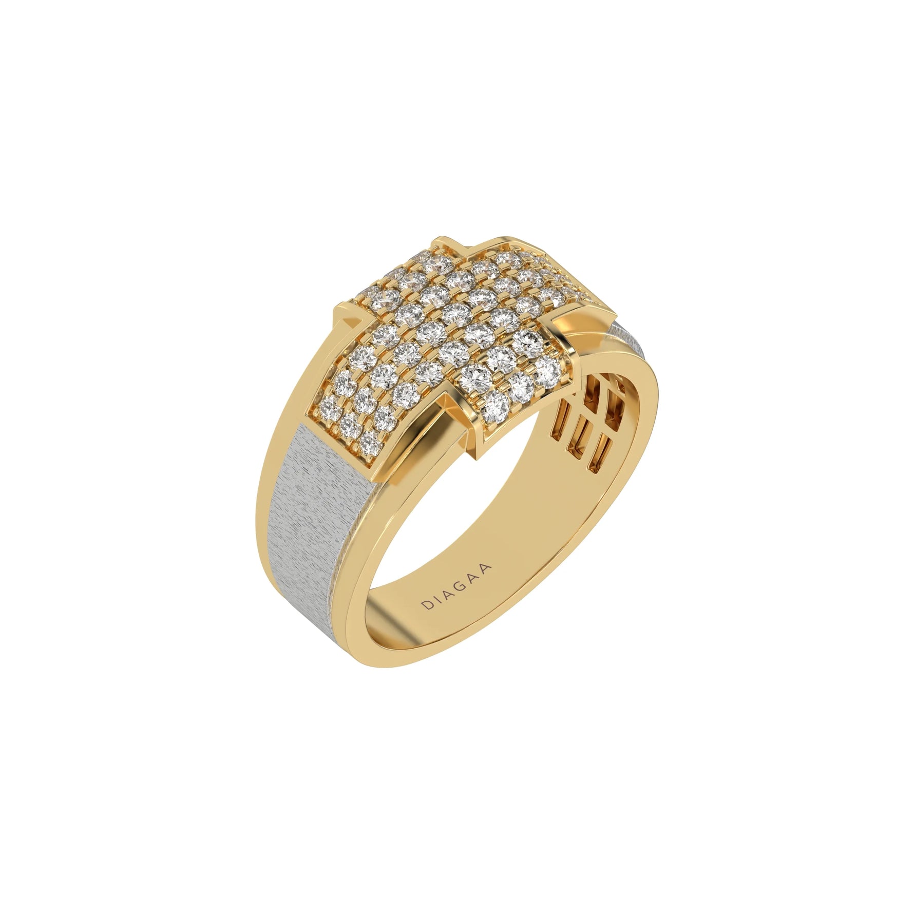 This yellow gold Men cross diamond ring made with round brilliant- cut diamonds set in shared prong setting creating a beautiful cross in 3d view