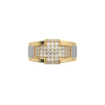 This yellow and white gold Men cross diamond ring made with round brilliant- cut diamonds set in shared prong setting creating a beautiful cross in top view