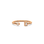 This rose gold ring displayed on front view is made with round brilliant-cut diamonds and baguette diamond on each side and set individually in bezel setting