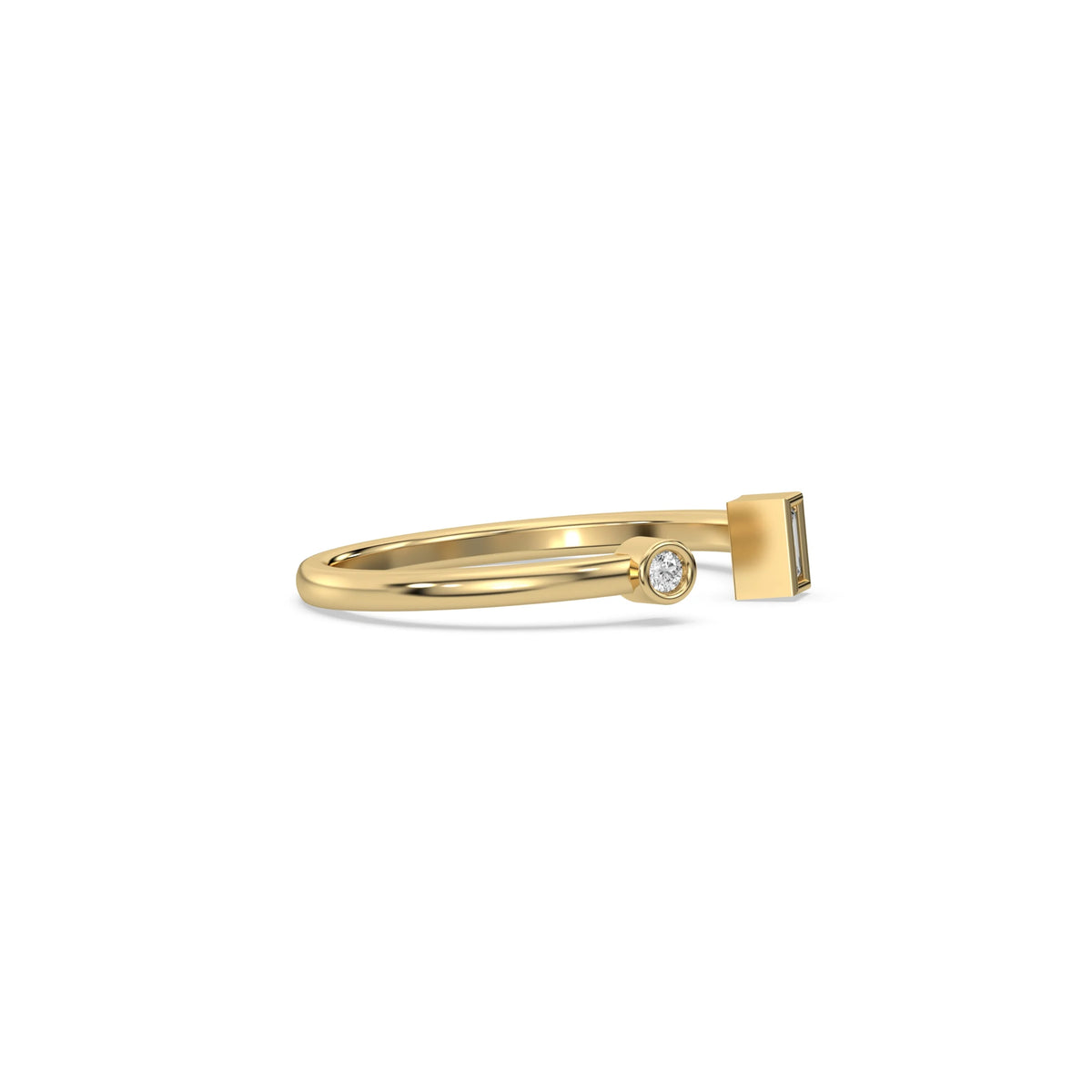 This yellow gold ring displayed on side view is made with round brilliant-cut diamonds and baguette diamond on each side and set individually in bezel setting