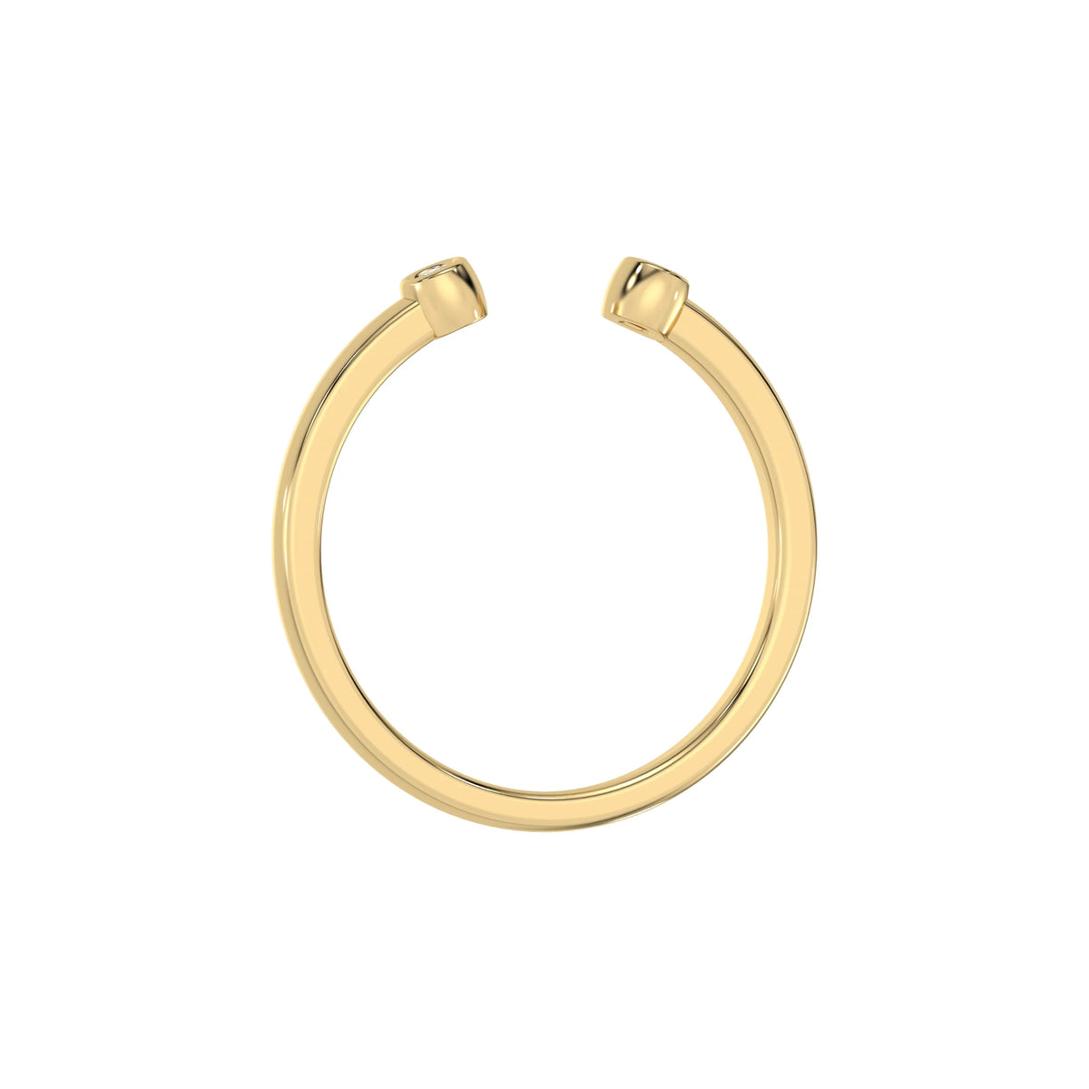 This yellow gold ring displayed on through finger view is made with round brilliant-cut diamonds on each side and set individually in bezel setting