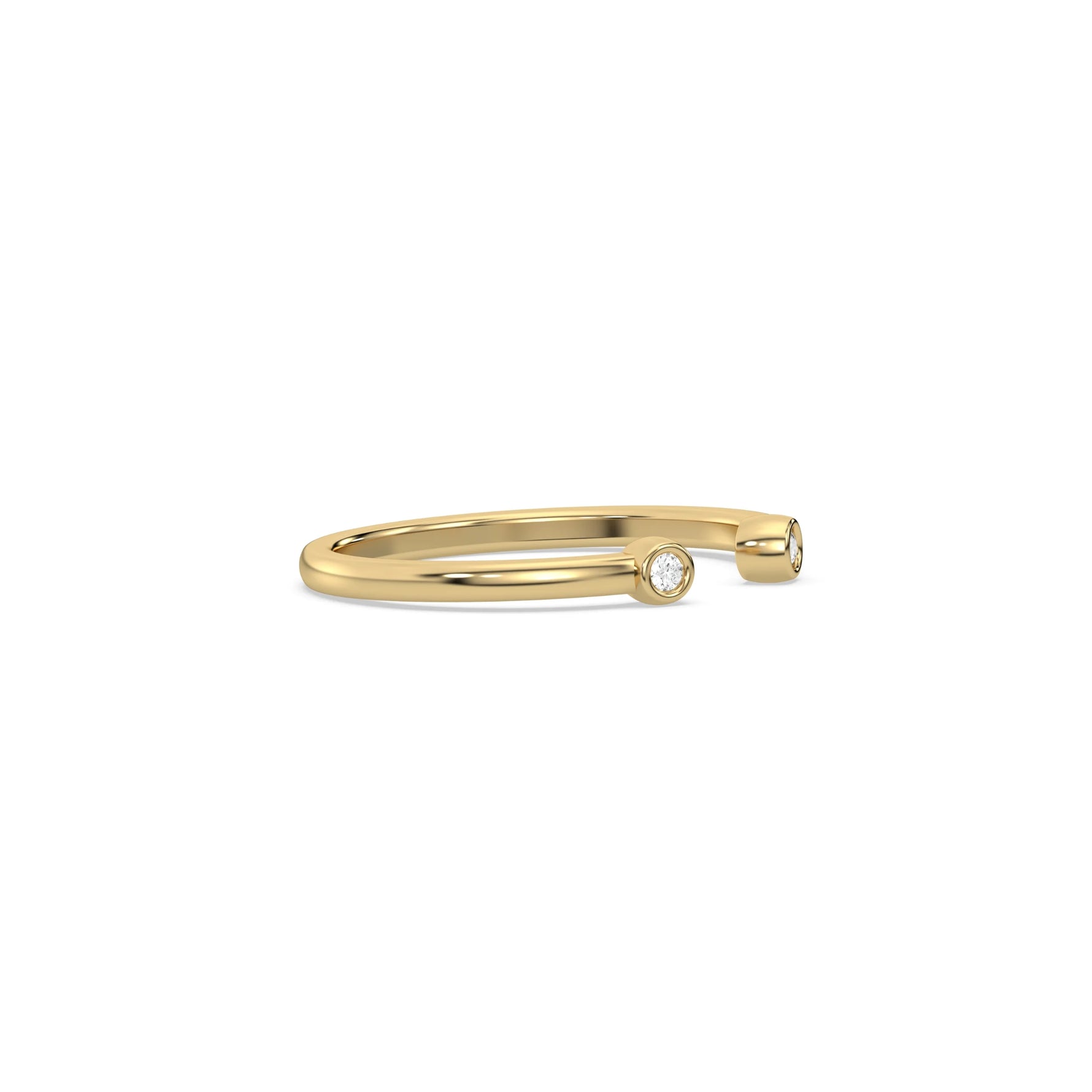 This yellow gold ring displayed on side view is made with round brilliant-cut diamonds on each side and set individually in bezel setting