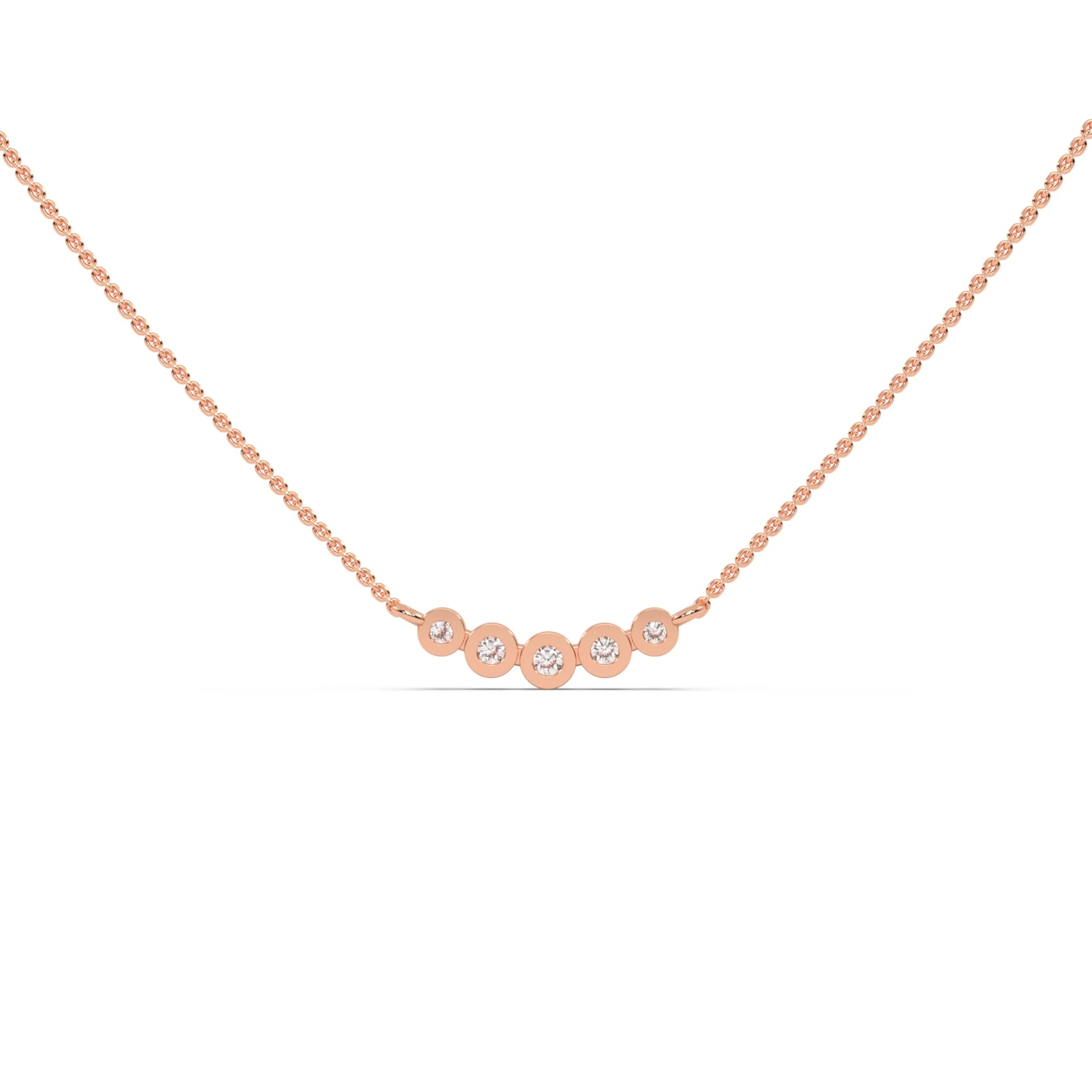 This rose gold Necklace with five round diamonds arranged in gradually decreasing sizes from the center, each securely set in bezel in top view