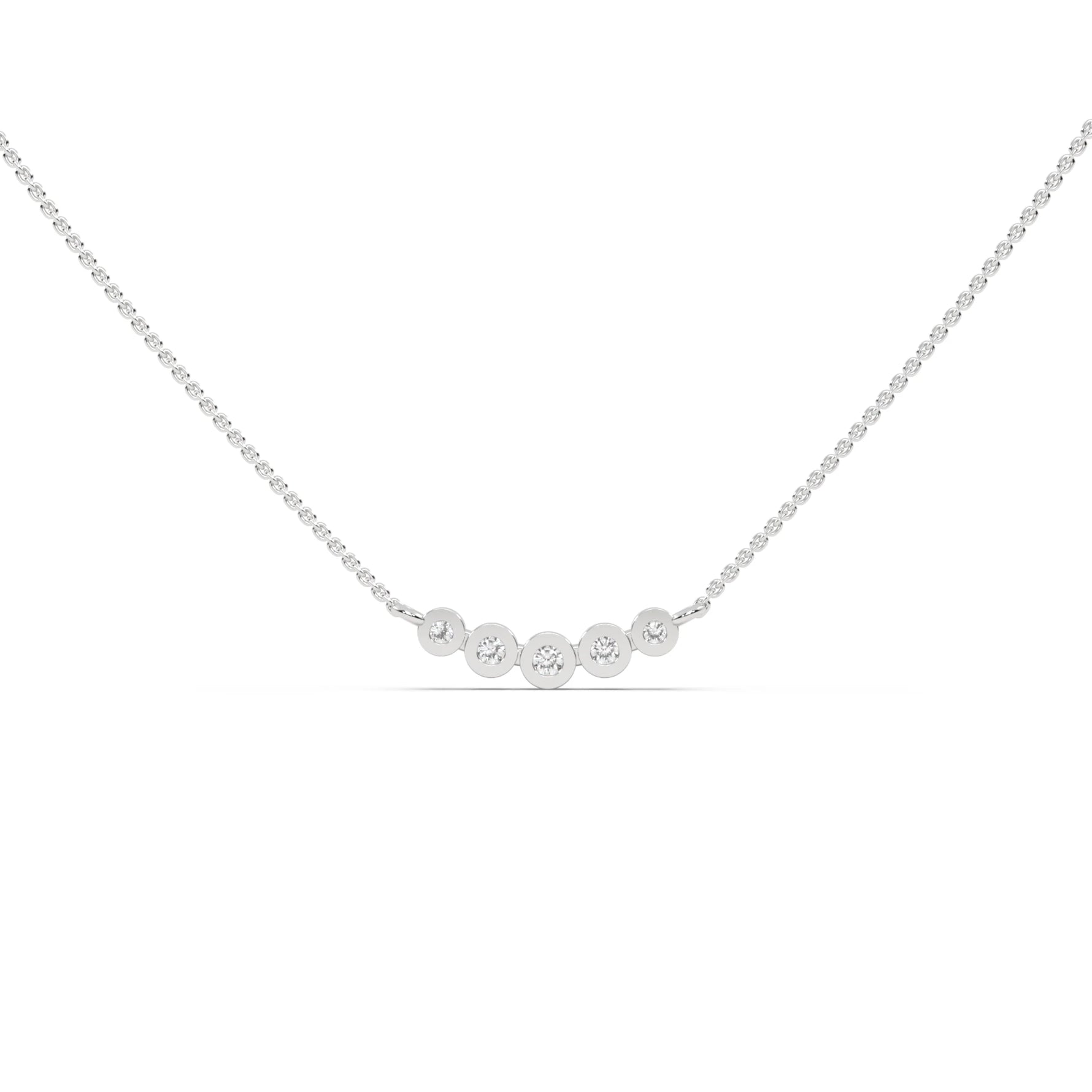 This white gold Necklace with five round diamonds arranged in gradually decreasing sizes from the center, each securely set in bezel in top view