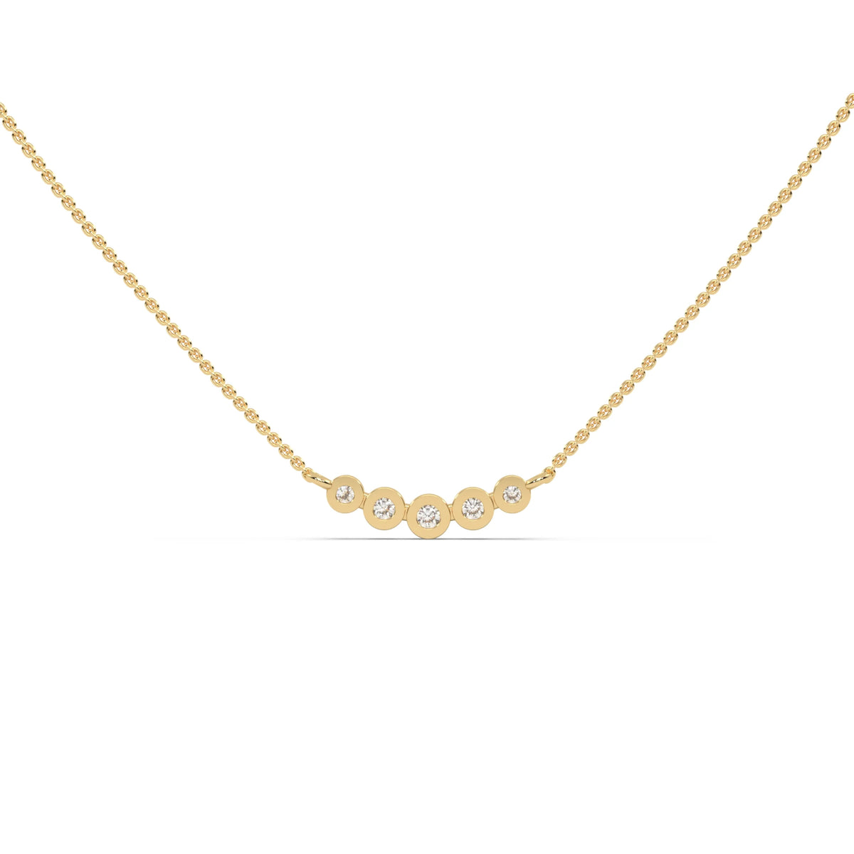 This yellow gold Necklace with five round diamonds arranged in gradually decreasing sizes from the center, each securely set in bezel in top view