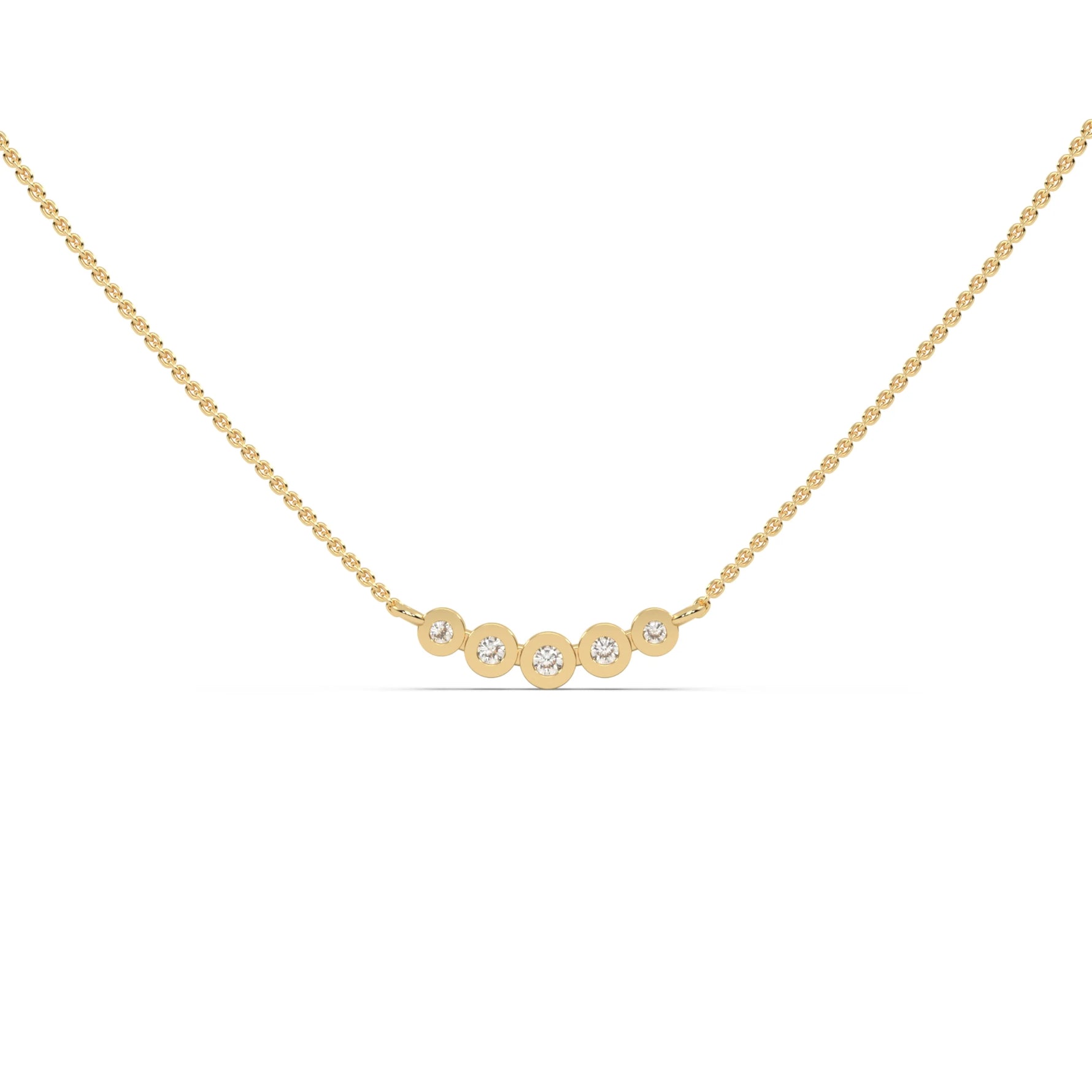 This yellow gold Necklace with five round diamonds arranged in gradually decreasing sizes from the center, each securely set in bezel in top view