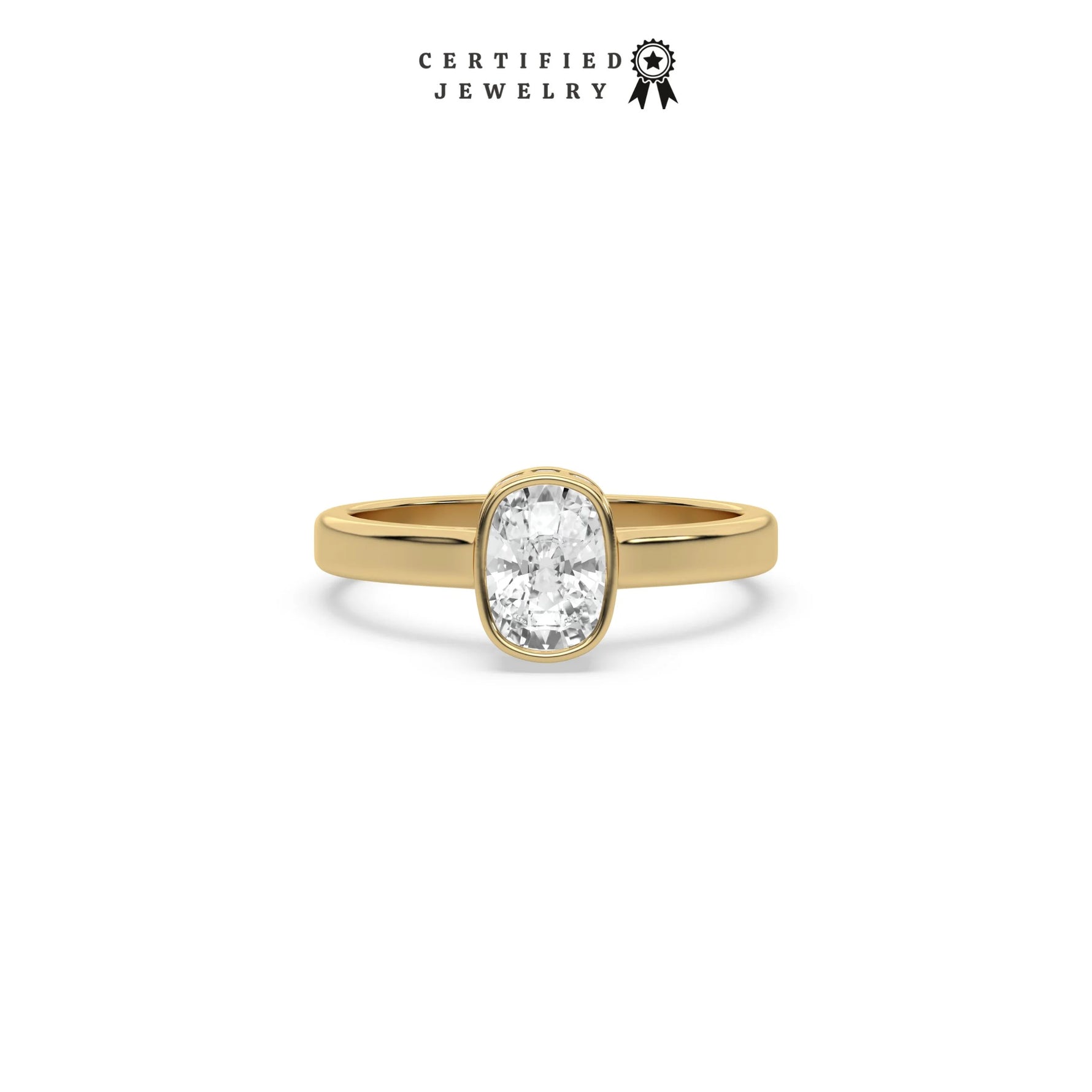 This yellow gold ring displayed on front view is made with brilliant round solitaire diamond set in bezel setting