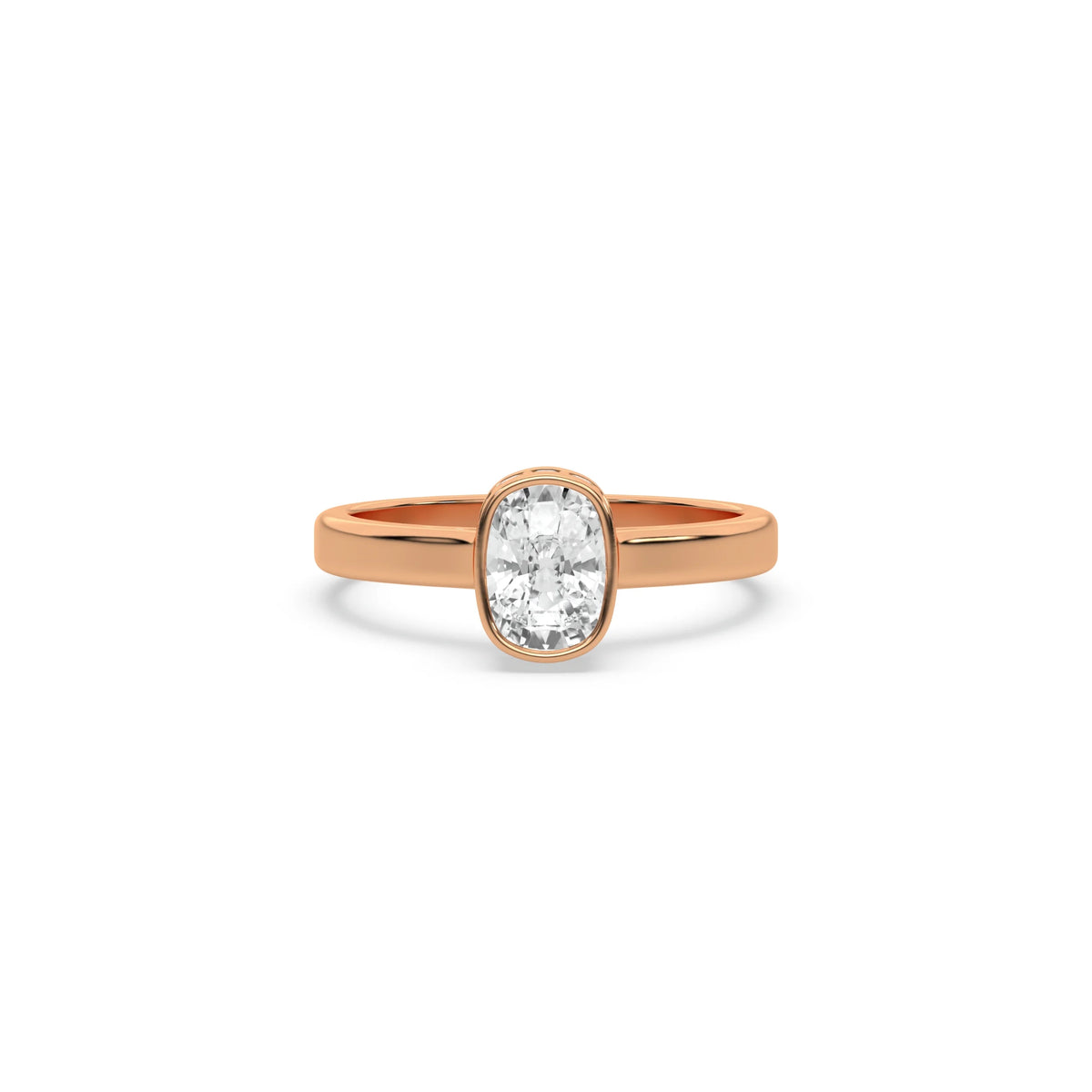 This rose gold ring displayed on front view is made with cushion  solitaire diamond set in bezel setting