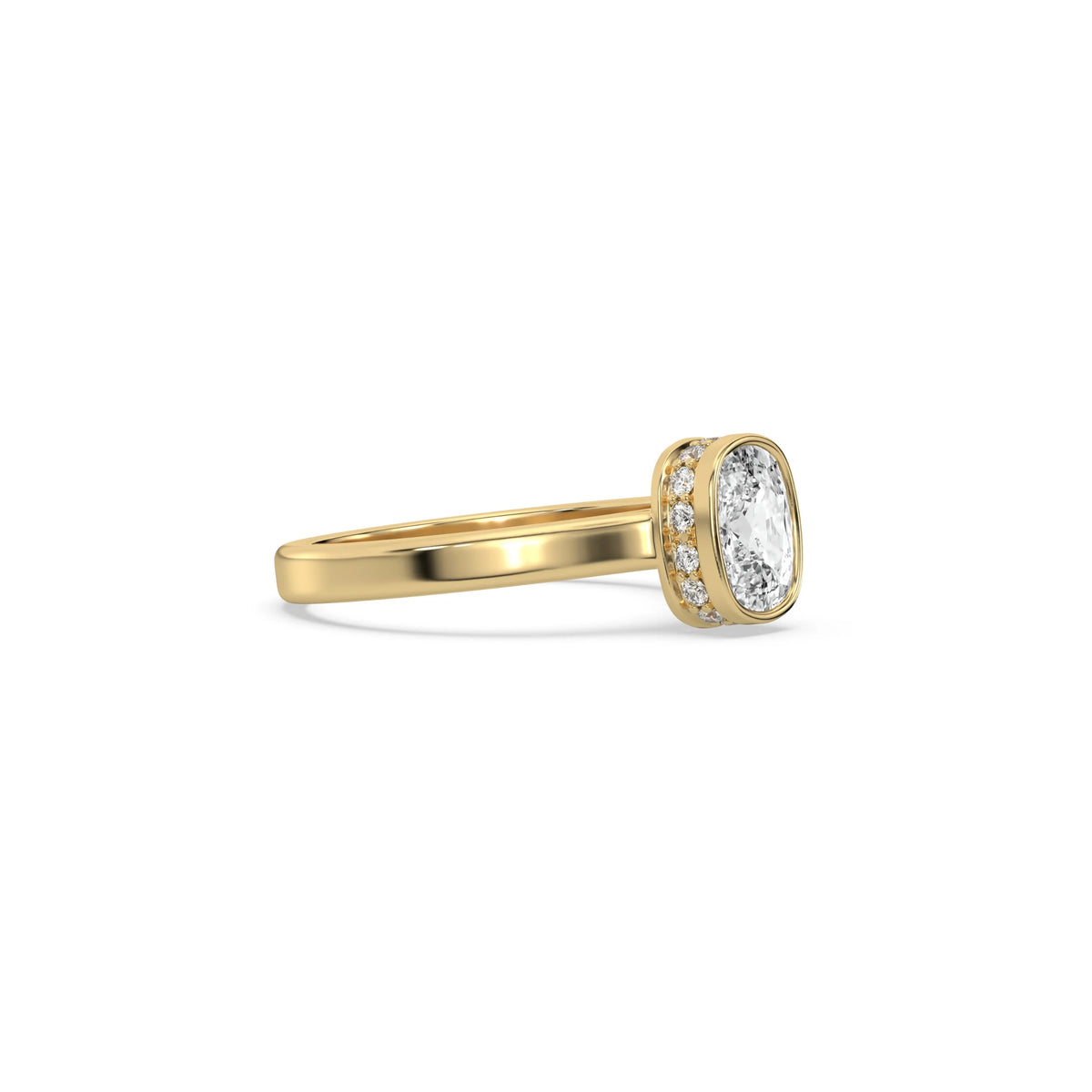 This yellow gold ring displayed on side view is made with cushion  solitaire diamond set in bezel setting