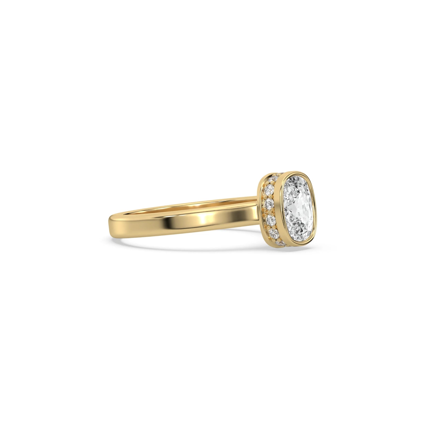 This yellow gold ring displayed on side view is made with cushion  solitaire diamond set in bezel setting