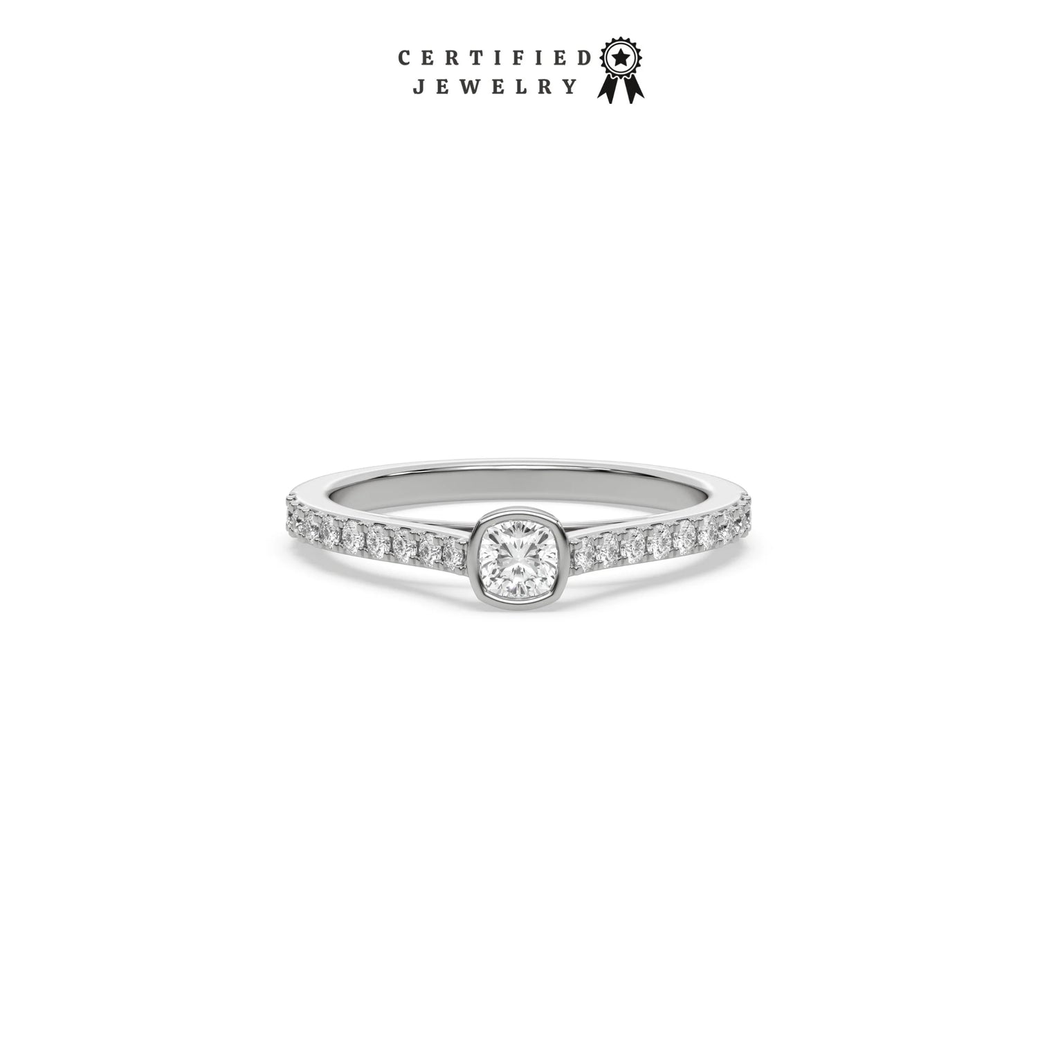 1 CT Natural Diamond Cushion Cut Bezel Ring with round cut diamonds