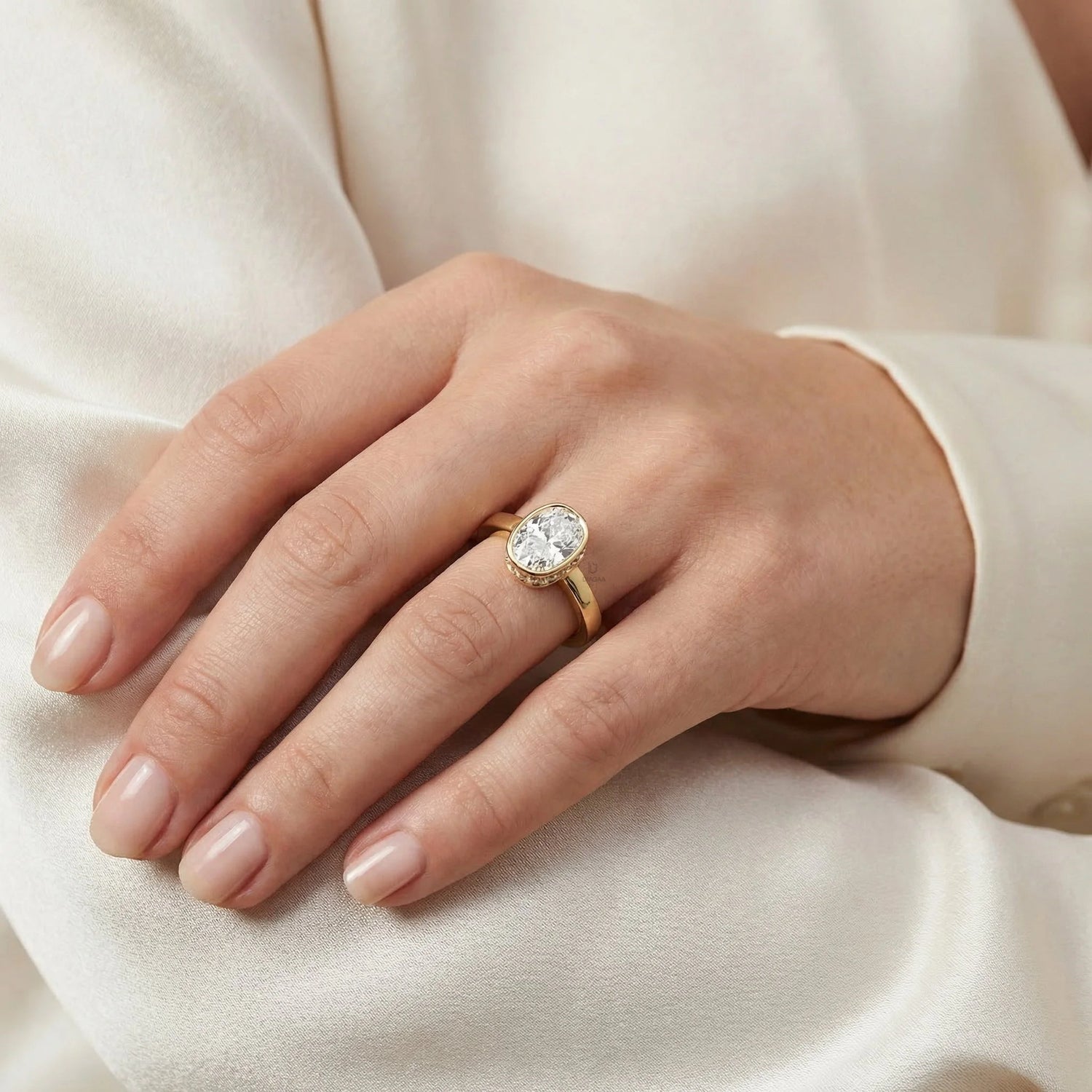 Oval cut diamond engagement ring with a yellow gold bezel setting worn on a woman's hand.
