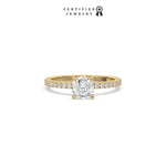 This ring is made with a cushion solitaire diamond set in four-prong setting, and is complemented by a round pave diamonds band.