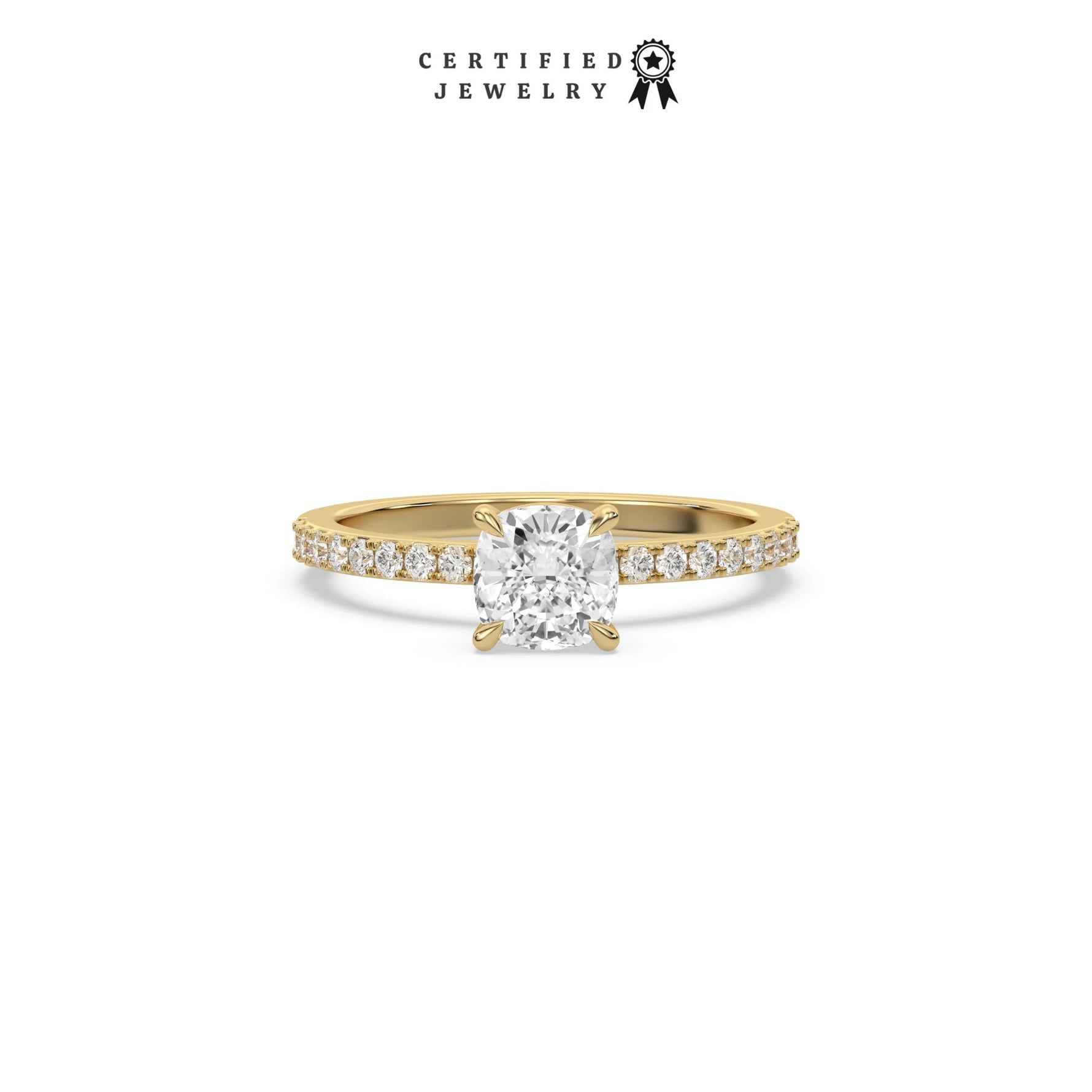 This ring is made with a cushion solitaire diamond set in four-prong setting, and is complemented by a round pave diamonds band.