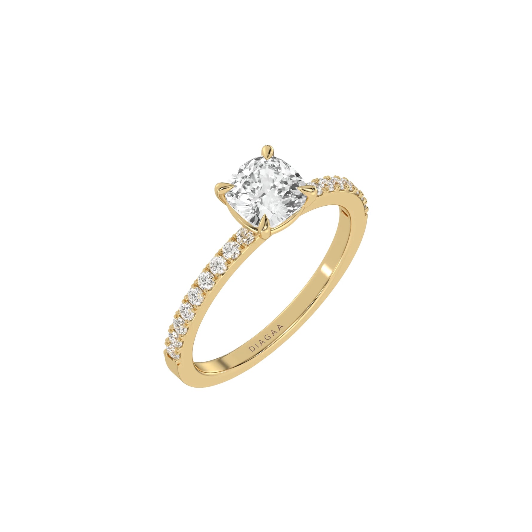 This yellow gold ring displayed in 3D view is made with a cushion solitaire diamond set in four-prong setting