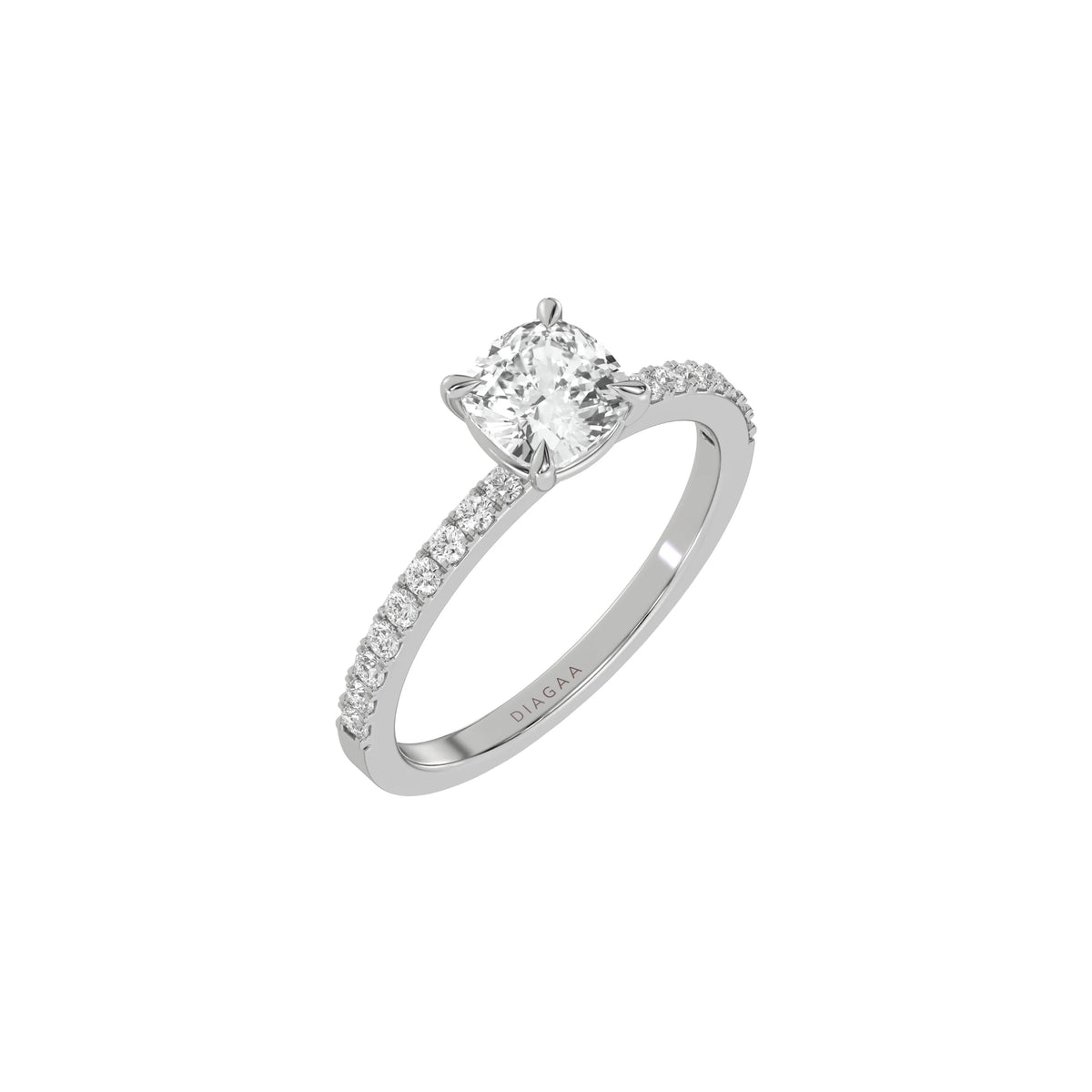 This white gold ring displayed in 3D view is made with a cushion solitaire diamond set in four-prong setting