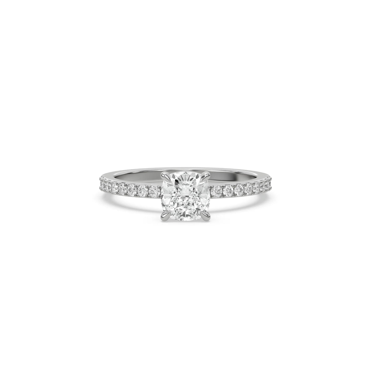 This White Gold ring is made with a cushion diamond set in four-prong setting, and is complemented by a round pave diamonds band.