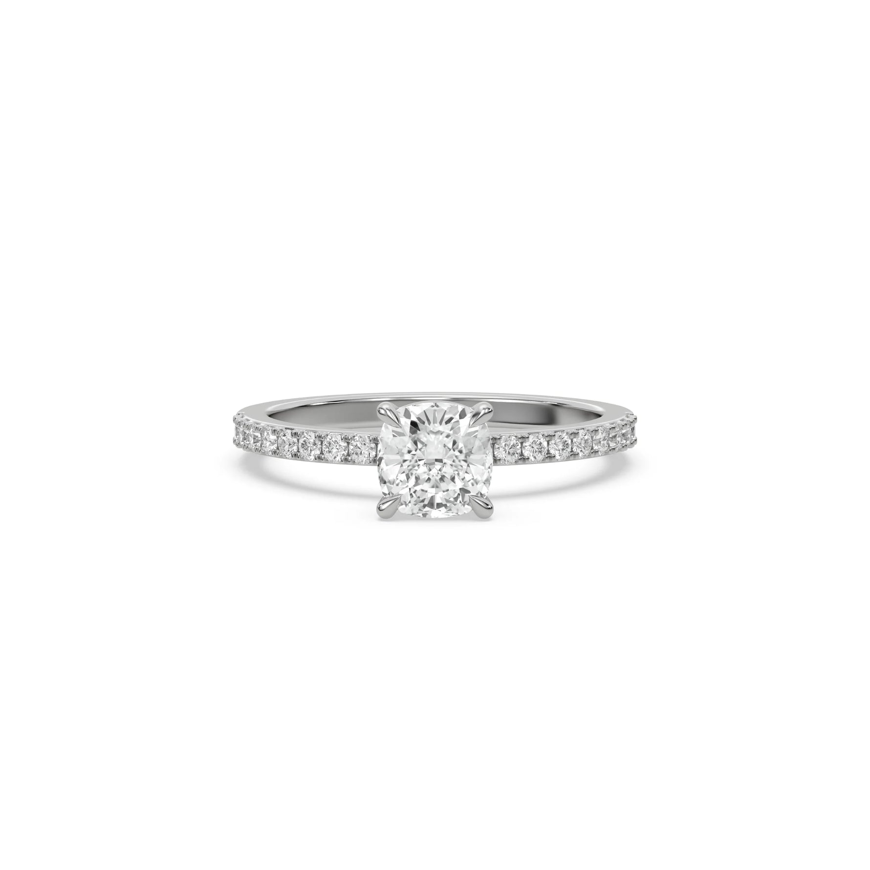 This White Gold ring is made with a cushion diamond set in four-prong setting, and is complemented by a round pave diamonds band.