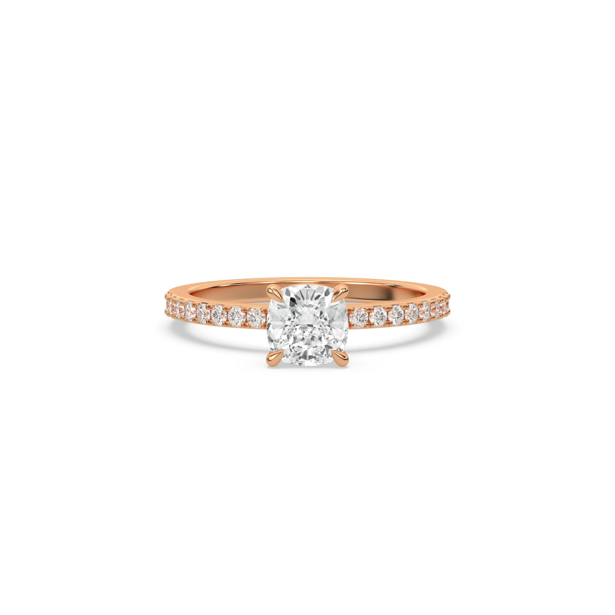 This Rose Gold ring is made with a cushion Solitaire diamond set in four-prong setting, and is complemented by a round pave diamonds band.