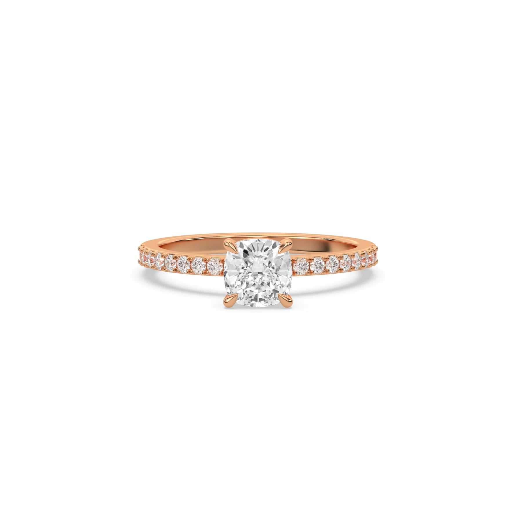 This Rose Gold ring is made with a cushion Solitaire diamond set in four-prong setting, and is complemented by a round pave diamonds band.