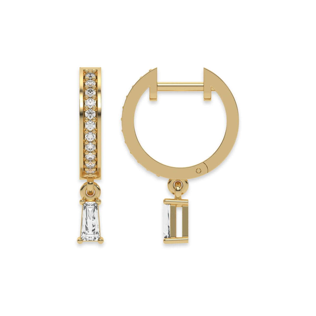 This yellow gold Dangling Baguette Diamond Hoop Earrings handmade with round brilliant-cut diamonds in pave setting and a baguette solitaire hanging at the bottom in top view and side view